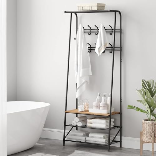 IDEALHOUSE Coat Rack Shoe Bench with 8 Hooks, Hall Trees Entryway Bench with Storage, Multifunctional Hallway Organizer, Wood Look Accent Furniture with Metal Frame for Entryway, Living Room, Bedroom