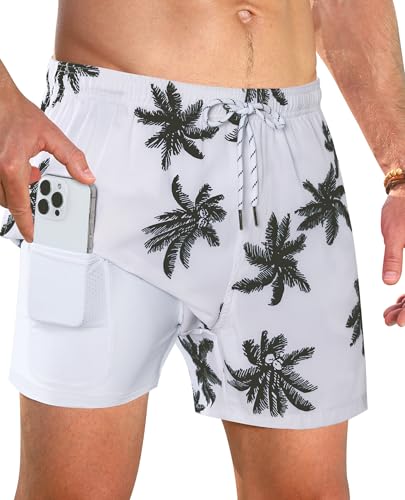 Gleeease Mens Swim Trunks 5 Inch Inseam Compression Liner for Men Big and Tall Bathing Suits Lined Men's Swim Trunk Short