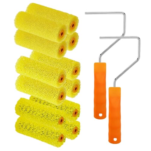YLTOLOO 12 Pcs Textured Paint Roller Covers with 2 Frames Set, 4 inch 3 Textures Foam Drywall Texture Paint Rollers, House Paint Roller Covers for Art Painting Walls Ceilings