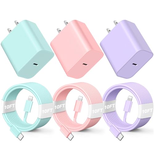 BUSFUL for Phone Charger Fast Charging, [3Pack 10FT] 20W PD USB C Wall Charger Block with Type C to Lighting Cable Compatible with Phone 14/13/12 Pro Max/11/XS/XR/X/8/Plus