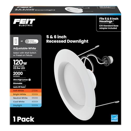 Feit Electric LED Recessed Downlight 120W Equivalent 5/6 Inch Retrofit Kit Dimmable 2000 Lumens 90+ CRI 22W Adjustable Color Temperature High Ceilings & Large Spaces Downlight LEDR56XHO/6WYCA