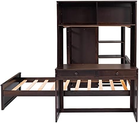 Harper & Bright Designs Twin Over Twin Bunk Bed with Desk, Storage, Solid Wood Bunk Bed with Shelves and Wardrobe, Twin Size Loft Bed with a Stand-Alone Bed for Kids Teens Adults - Espresso
