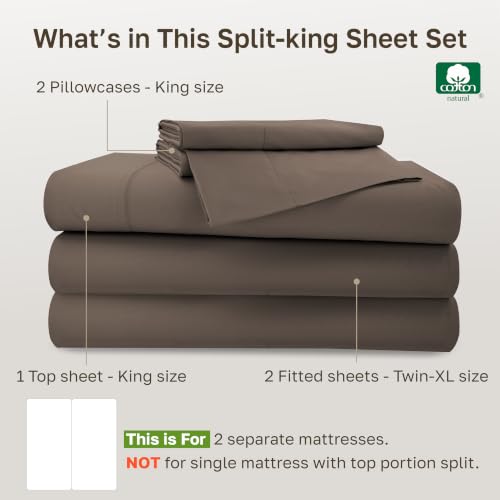 Image of California Design Den 500TC 100% Cotton Split King Sheet Set Mushroom Brown | Good Housekeeping Seal, OEKO-TEX Certified, Silky-Soft Sateen Weave, 5pc Set, 15 inch Deep Pockets, For Hot Sleepers, All-Season