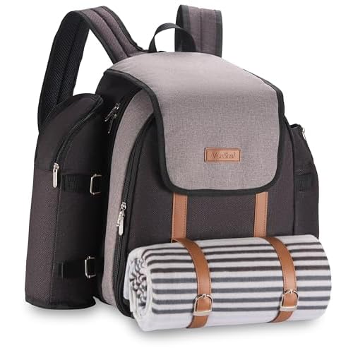 VonShef Picnic Backpack, 4 Person Grey Picnic Bag with Full Dining & Cutlery Set, Insulated Cooler Compartment & Large Waterproof Picnic Blanket, Lightweight Water Resistant Camping Accessories