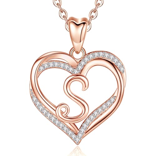 INFUSEU Collier Initial en Forme de Cœur Pour Femme, Pendentif Lettre S en Or Rose Bijoux en Zircone Cubique CZ Pour Dame Maman Petite Amie Cadeaux