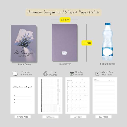 Image of Motivational Floral A5 Notebook Diary for Women & Students | Softbound Laminated Cover | Monthly Planner + Daily Planner | 21 x 15 cm Ruled Journal | Inspirational Quote Cover (Grey Be Stronger Than Your Excuses)