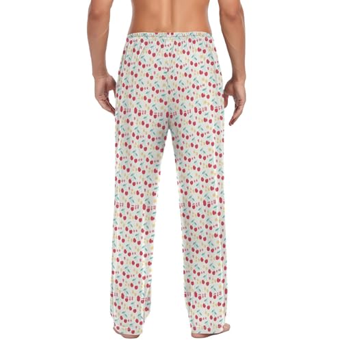 Men’s Cute Cherry Pattern Pajama Pants with Pockets, Comfortable Lounge Sleep Bottoms#4302