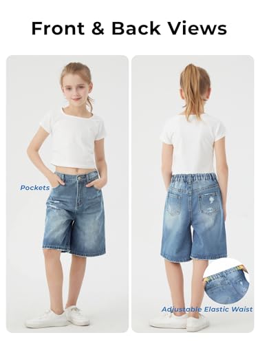Image of Girls Shorts Elastic Waist Jorts Denim Jean Shorts Ripped Knee Length Bermuda Shorts for Kids Teen Girls Summer