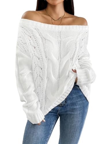 Women's Off Shoulder Cable Knit Sweater Casual...