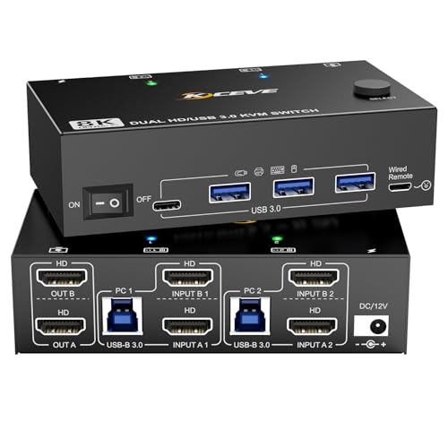 KVM Switch 2 Monitors 2 Computers 𝟖𝐊@𝟔𝟎𝐇𝐳 𝟒𝐊@𝟏𝟒𝟒𝐇𝐳, Dual Monitor HDMI2.1 KVM Switch 2 Computers Sharing 2 Monitors and 4 USB3.0 Devices, with Power Adapter, Wired Remote and 2 USB Cables