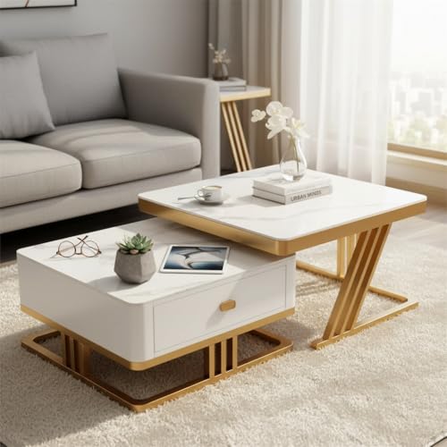Image of RIZIK Stores Iron Frame Handmade Drawer Square Coffee Table /Nesting Table /Side Table /Center Table with Engineered Wood Top for Living Room /Drawing Room /Balcony (White Gold, 30 inchx30 inch)