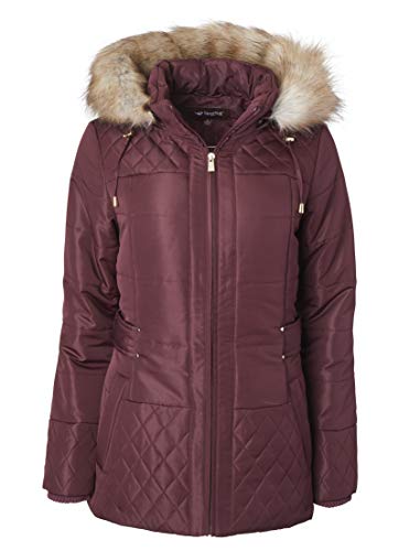 Women Midlength Down Alternative Quilt Winter Puffer Coat Zip Off Fur Trim Hood2