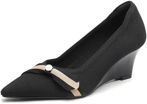 NEWBELLA Women's Bow Wedge Heels - Simple Knit Slip-On Pumps Poin...