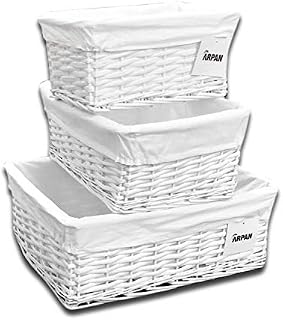 Arpan Set of 3 White Wicker Gift Hamper Storage Basket with White Cloth Lining