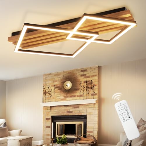 GBLY LED Deckenlamape Holz Deckenleuchte Dimmbar:55CM Schlafzimmer Lampe eckig Modern deckenleucht Geometrisch 36W wohnzimmerlampe Fernbedienung Design für Schlafzimmer Küche Esszimmer Büro Lampe