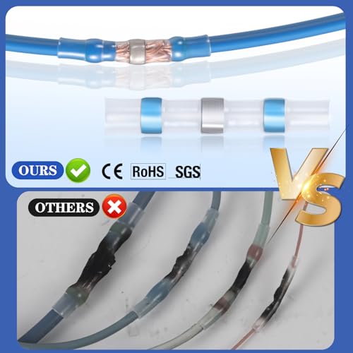 VAMRONE 100PCS Blue Heat Shrink Butt Connectors AWG 16-14, Waterproof Solder Seal Wire Connectors for Marine Boat Wire Joint