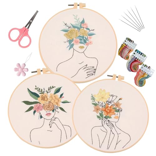 Image of EOBTAIN 3 Pcs Embroidery Kit for Beginners Adults Boho Floral Hand Stamped Embroidery Satrter Kits DIY Cross Stitch Kits with Embroidery Hoop,Needles and Threads,Gifts for Woman at Home Embroidery Kit