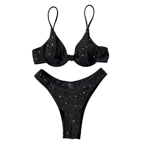 Women Sparkling Sequins Swimwear Wire Bikinis Top and Low Waist Bottom Two Pieces Bathing Suit Triangle Bikinis Set