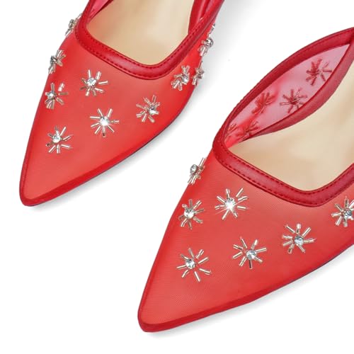 Women Kitten Heel Mules Crystal Flower Decor Mesh Pointed Toe Low Heel Casual Pumps3