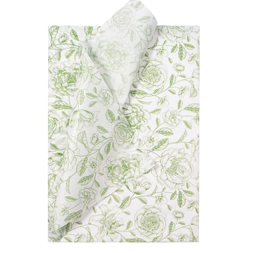 RUSPEPA Seidenpapier Mit Blumenmuster – 30 Blatt, 35 X 50 Cm, Vintage-Design, Grün, Toile-De-Jouy-Blumenmuster – Für Geburtstage, Junggesellinnenabschiede, Bastelarbeiten Und Als Gastgeschenk