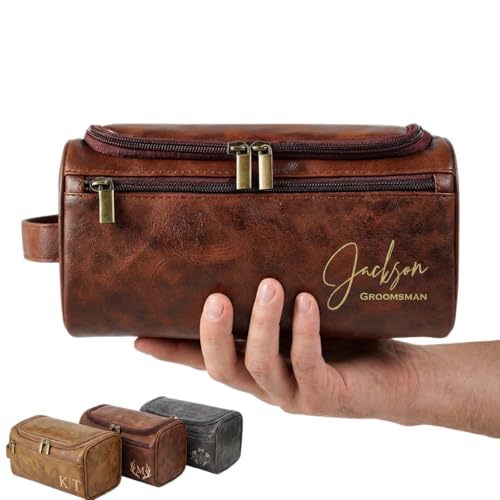 Personalized Leather Toiletry Bag for Men, Custom Engraved Dopp Kit Travel Shaving Bag, Gift for Husband Dad Uncle, Groomsmen, Father's Day, Christmas