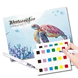 Aquarell Malbuch mit 20 Meeresleben, Aquarell Arbeitsbuch Set mit Pinseln, Tragbarem Design Malbuch für Zuhause, Schule, Geschenk Reisen & Anfänger Aquarellmalerei