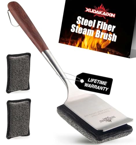Bristle-Free Steam Cleaning Grill Brush Kit – Luxurious Long Rosewood Handle, Includes 1 Replacement Head – Safe BBQ Grill Cleaning for Outdoor Grill – Great Gift for Men/Dad