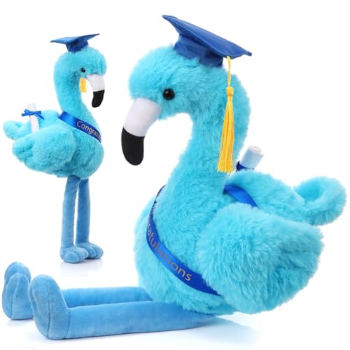 Chalyna 10 Inch Graduation Gifts Flamingo Plush Stuffed Animal with Gold Tassel Graduation Hat and Sash Congrats Grad Gift for Preschool Kindergarten Kids Student Friend Party Decoration(Blue)