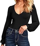Fuakesor Damen Body V-Ausschnitt Langarm Bodies Elegant Bodysuit mit Laternenärmeln Einfarbig Oberteil Langarmshirt,Schwarz,M