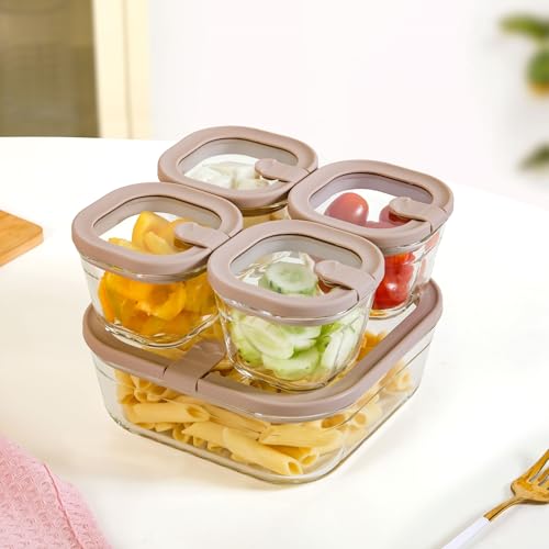 Image of Nestasia Vento Glass Containers with Lid Set of 5 (220ml x 4, 1320ml x 1) - Microwave, Refrigerator & Dishwasher Safe Containers with Air Vent Lid for Fridge Storage (Beige)