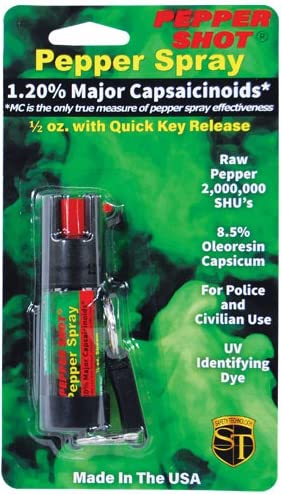 Pepper Shot 1.2% MC 1/2 oz pepper spray belt clip and quick release keychain