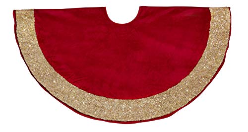 Red Velvet Christmas Tree Skirt With Hand Beaded Gold Border - 60" #TOP2