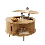 HAINEW Runder Couchtisch Wohnzimmertisch mit Höhenverstellbarer Tischplatte und Schiebetür, Sofatisch Beistelltisch Kaffeetisch mit Abgerundete Ecken, 80×80×59cm, HD26052604 (Eichenfarbe)