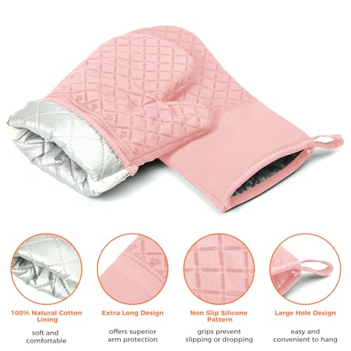 2 Pcs Oven Mitts for Kitchen Heat Resistant Oven Gloves, Soft Cotton Lining, Anti-Slip Silicone Stripe Oven Mitts Heat Resistant Oven Mits, Kitchen Mitt Pair Protect Hands, Cooking Baking Gloves Pink