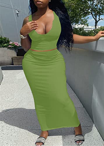 Image of Women Sexy Two Piece Skirt Outfits Long Sleeve /Sleeveless V Neck Bodycon Ribbed Knitted Maxi Club Party Dress