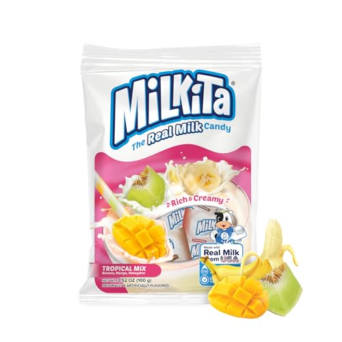 Milkita Creamy Milk Candy Variety Pack – Valentine’s Day Candy with Real Milk – Low-Sugar, Fat Free & Gluten Free Valentine Candy for Kids & Adults (Banana, Honeydew & Mango – 25 Count Bag)