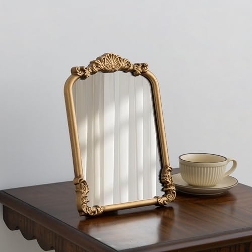 Image of Vintage Vanity Small Gold 8x12 Antique Tabletop Mirror with Stand