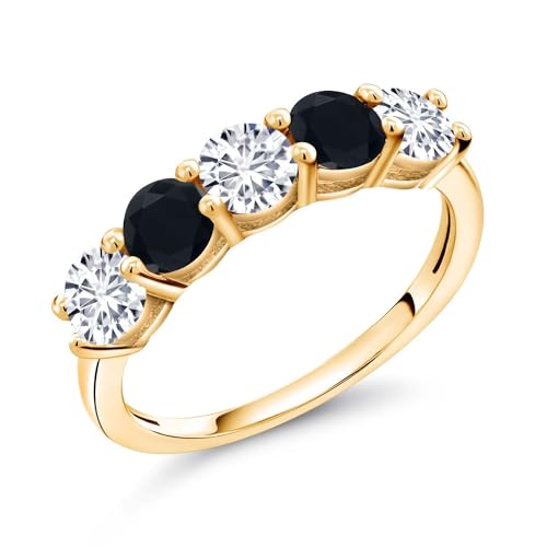 Gem Stone King 18K Yellow Gold Plated Silver White Lab Grown Diamond and Black Onyx 5-Stone Alternate Wedding Band Ring For Women (0.77 Cttw, Round 3.5MM, Available In Size 5, 6, 7, 8, 9)