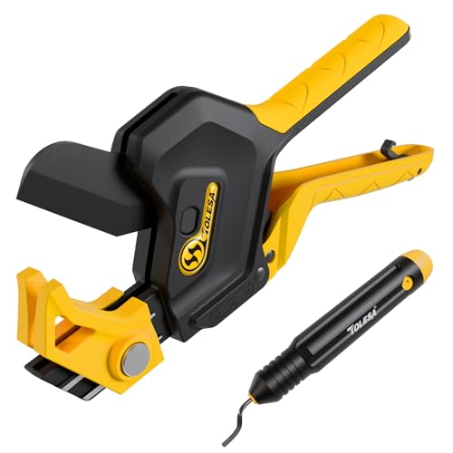TOLESA Plastic Pipe Cutter Up to 64mm, 3-Gear Adjustable Ratchet PVC Pipe Cutter Tool with Deburring Tool for PVC, PPR, PE, PEX, Plastic Hoses