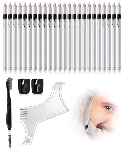 Waaqkid 28PCS White Barber Pencil for Lineup with Sharpener & Ruler & Brush, Shape up Tool for Hairline Beards Hair Makeup Design