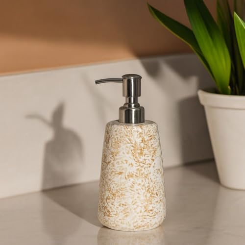 Image of Ceramic Soap Dispenser 330ml (Set of 1) | Bathroom Accessory with Pump for Liquid Soap, Hand Wash & Lotion | Modern Washbasin & Sink Organizer | Brown