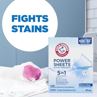 ARM & HAMMER 5in1 Power Sheets Laundry Detergent, Free & Clear, 50 Count, up to 100 Small Loads