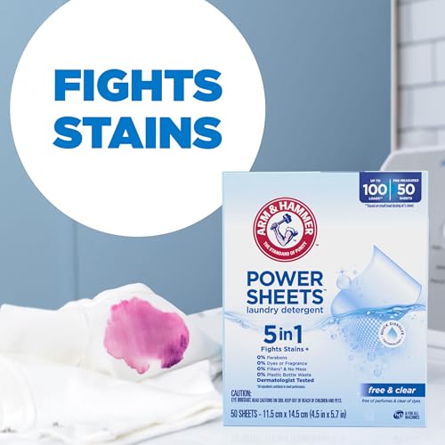 Image of ARM & HAMMER 5in1 Power Sheets Laundry Detergent, Free & Clear, 50 Count, up to 100 Small Loads