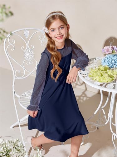 Haloumoning Girls Contrast Mesh Long Sleeve High Waist A Line Short Dress with Pockets, Navy Blue, 7-8 Years — view 2