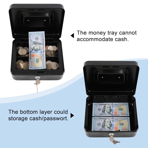 KYODOLED Medium Cash Box with Money Tray,Small Safe Lock Box with Key,Cash Drawer,7.87"x 6.30"x 3.54" Black Medium