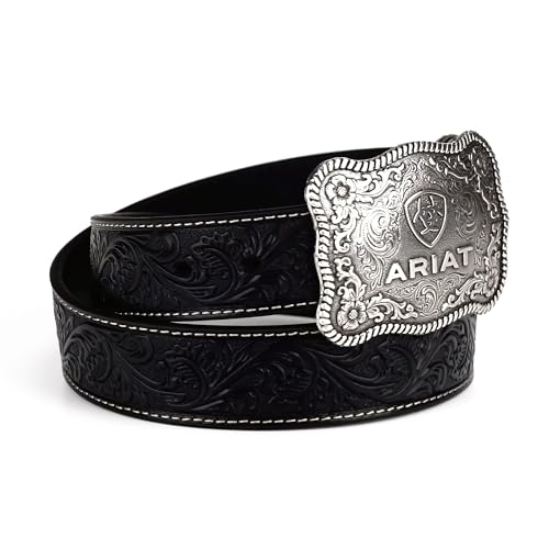 ARIAT Floral Embossed Leather Men's Belt - Black Genuine Leather Belt with Antique Silver Embossed Plate Buckle2
