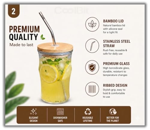 Image of COOLBIT 350ml Glass Tumbler with Bamboo Lid & 4 PCS Stainless Steel Straw+Cleanig Brush, Reusable Ribbed Drinking Glass Cup for Coffee, Juice, Smoothies & Water.