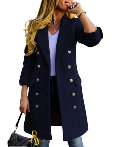 Kinghua Winter Wollmäntel für Frauen Zweireiher gekerbtes Revers mittellange Peacoat Jacken, Marineblau, X-Large