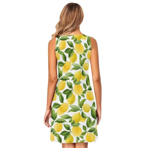 Image of ALAZA Watercolor Lemon Leaves Women's Summer Dress Sun Dress Sleeveless with Pockets L