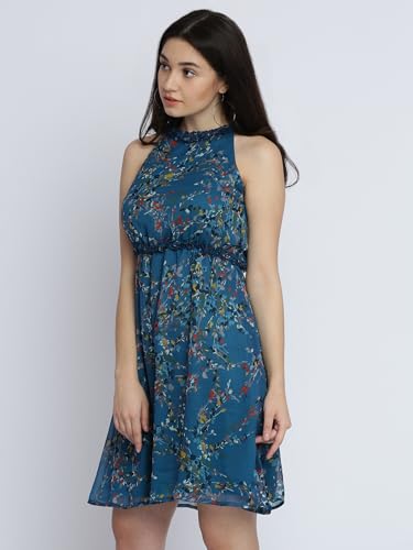 Image of Miss Chase Women's Round Neck Sleeveless Floral Ruffled GatheKnee-Long Skater Dress
